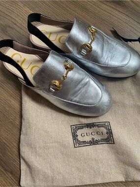 Gucci Metallic Silver Horsebit Slingback Loafers